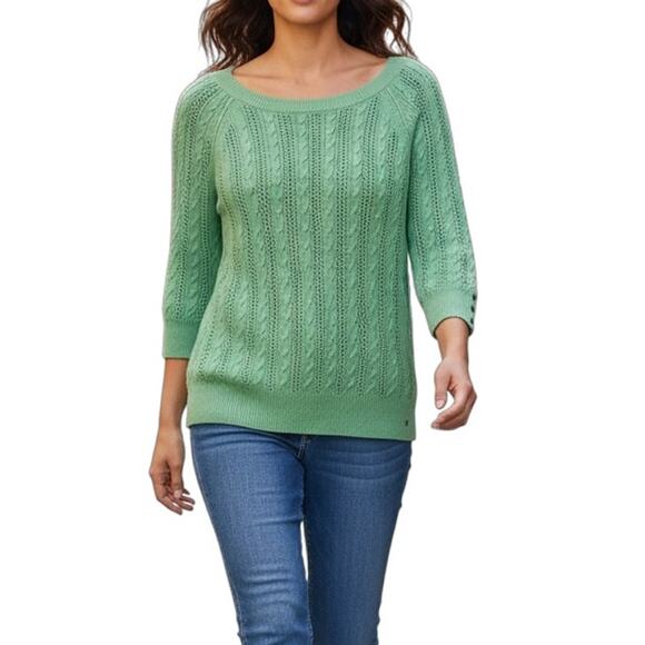 American Eagle Women's Sweater S Open Knit Green 3/4 Sleeve Scoop Neck Pullover - Picture 1 of 8